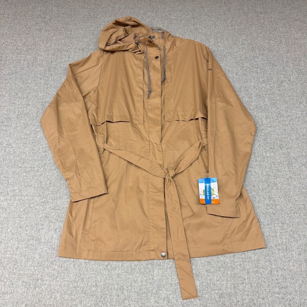 Columbia Rain Jacket XL Tan Brown Hooded Belted Omni-Shield Lightweight Outdoor